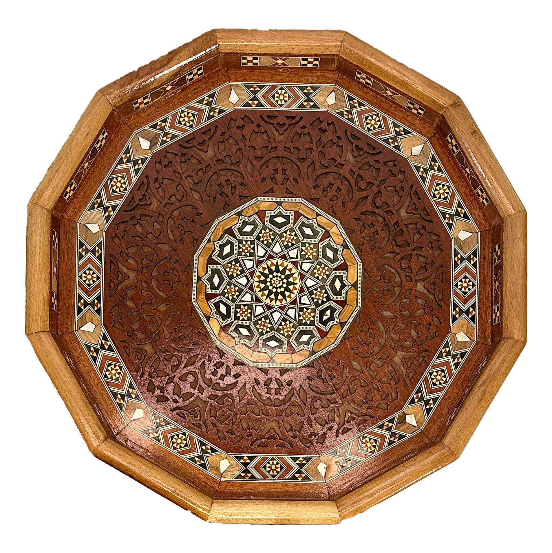 Plateau rond mosaïque de Damas artisanal en bois et nacre 42*42cm